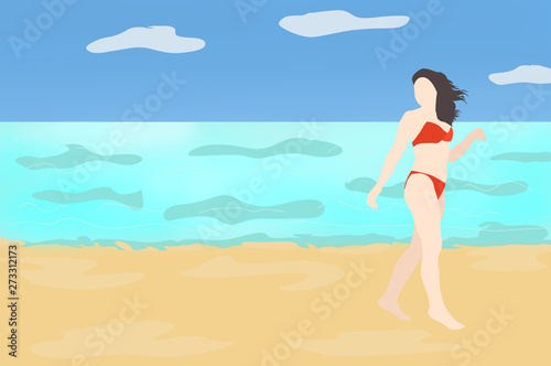 Woman on seaside. Young barefoot woman on the beach. Beautiful woman on the beach looking into the distance