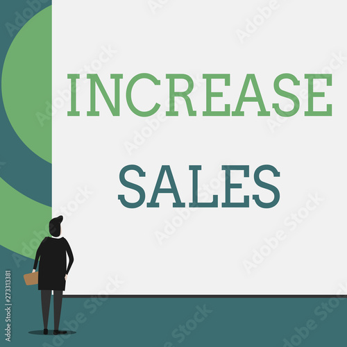 Text sign showing Increase Sales. Business photo showcasing Boosting the product sold to customers Trade Growth Back view young woman watching blank big rectangle. Geometrical background