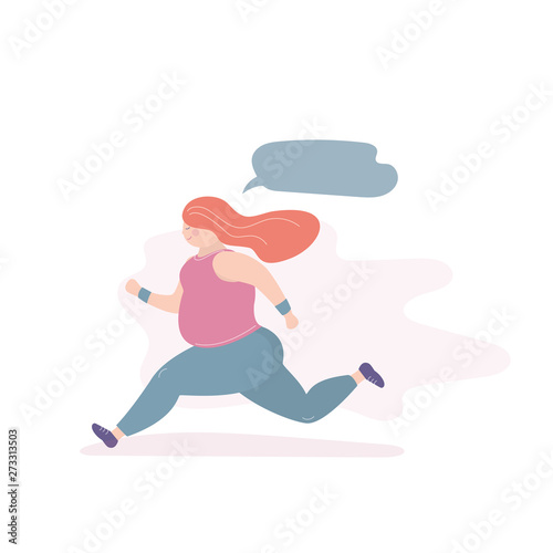 Happy fat girl running and thinking funny fitness female with speech bubble