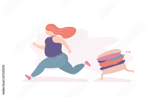 Unhappy fat girl runs away from a big hamburger,the problem of overweight