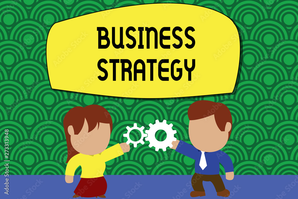 Word writing text Business Strategy. Business photo showcasing Management game plan to achieve desired goal or objective Standing young couple sharing gear. Man tie woman skirt commerce relation Word writing text Business Strategy. Business photo showcasing Management game plan to achieve desired goal or objective Standing young couple sharing gear. Man tie woman skirt commerce relation