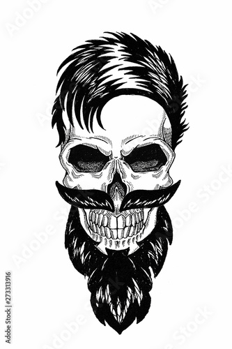 Monochrome illustration barbershop of skull with beard, mustache, hipster haircut and on white background, cartoon, angry, beautiful, brutal.