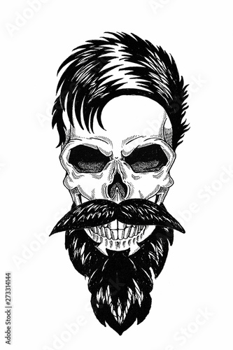 Monochrome illustration barbershop of skull with beard, mustache, hipster haircut and on white background, cartoon, angry, beautiful, brutal.