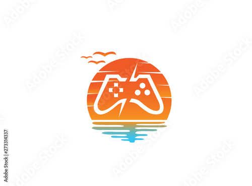Console video games a controller gadget for logo design illustration, in a sunset shape sun icon
