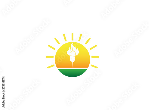 Doner kebab, Turkish meat food, barbecue in fire Grill for logo design illustration, bbq in a sun shape sunset icon