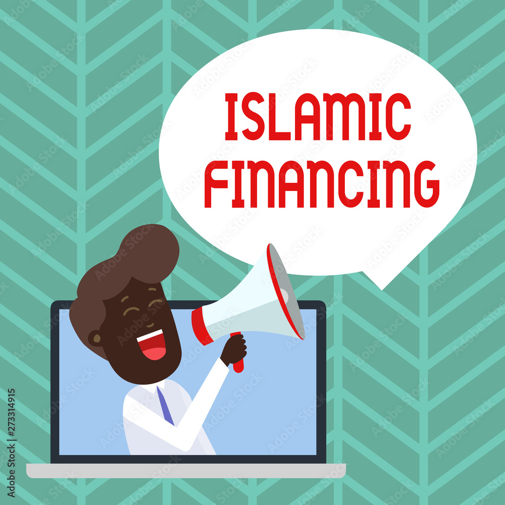 Writing note showing Islamic Financing. Business concept for Banking activity and investment that complies with sharia Man Speaking Through Laptop into Loudhailer Bubble Announce Writing note showing Islamic Financing. Business concept for Banking activity and investment that complies with sharia Man Speaking Through Laptop into Loudhailer Bubble Announce