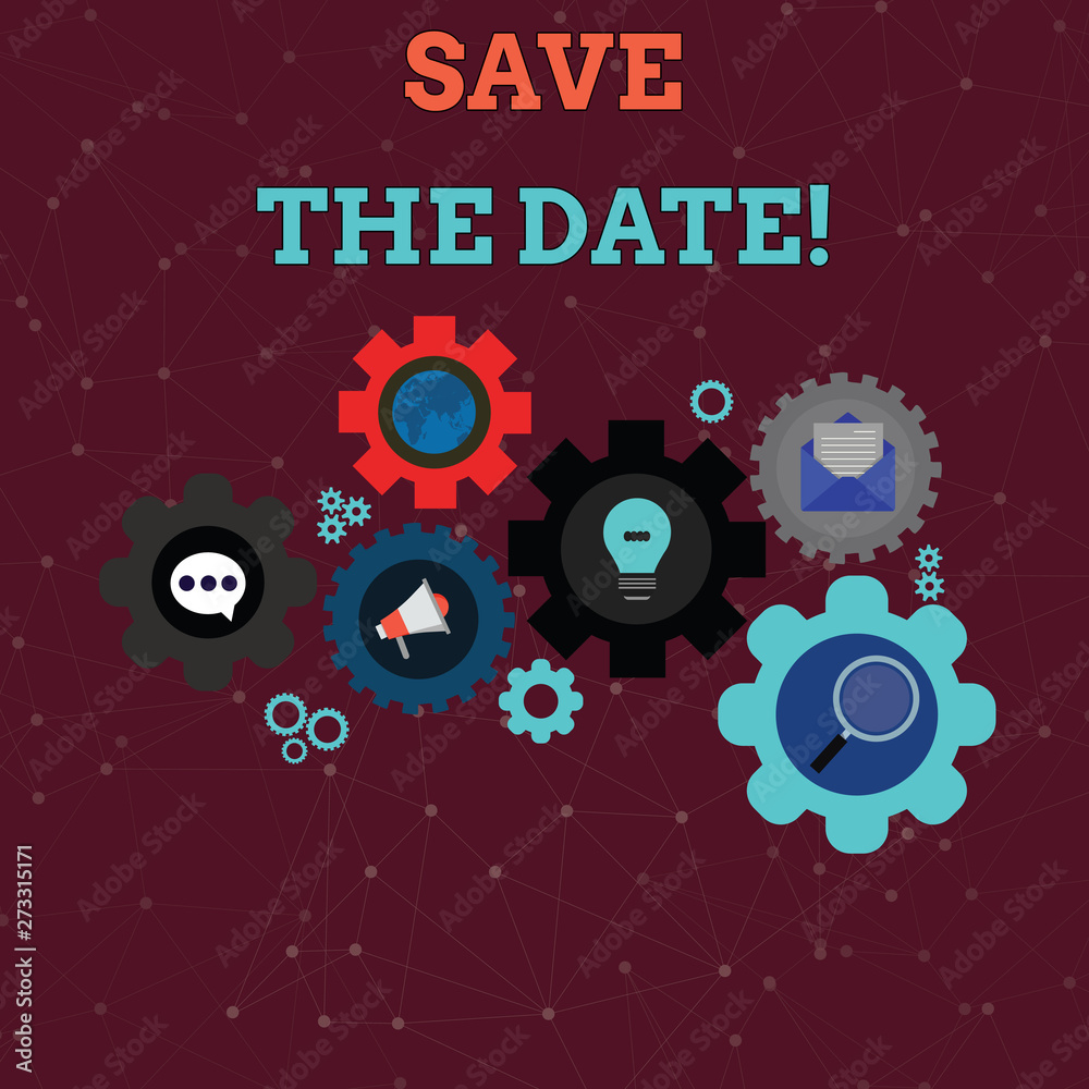 Handwriting text Save The Date. Conceptual photo reserve the mentioned future wedding date on their calendar Set of Global Online Social Networking Icons Inside Colorful Cog Wheel Gear