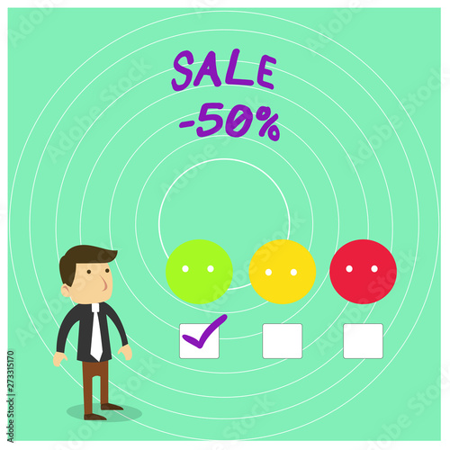 Conceptual hand writing showing Sale 50 Percent. Concept meaning A promo price of an item at 50 percent markdown White Questionnaire Survey Choice Satisfaction Green Tick photo