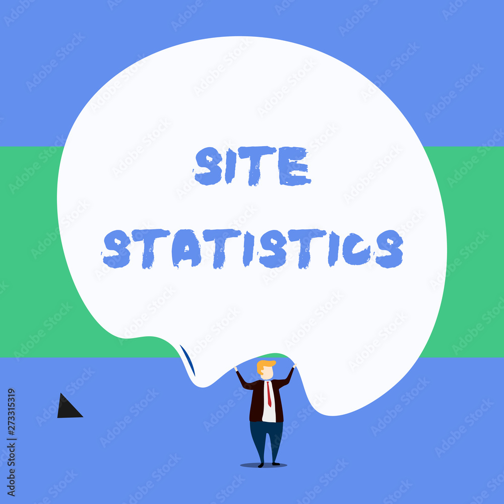 Text sign showing Site Statistics. Business photo showcasing measurement of behavior of visitors to certain website Front view standing man dressed suit tie two hands up big deflated balloon Text sign showing Site Statistics. Business photo showcasing measurement of behavior of visitors to certain website Front view standing man dressed suit tie two hands up big deflated balloon