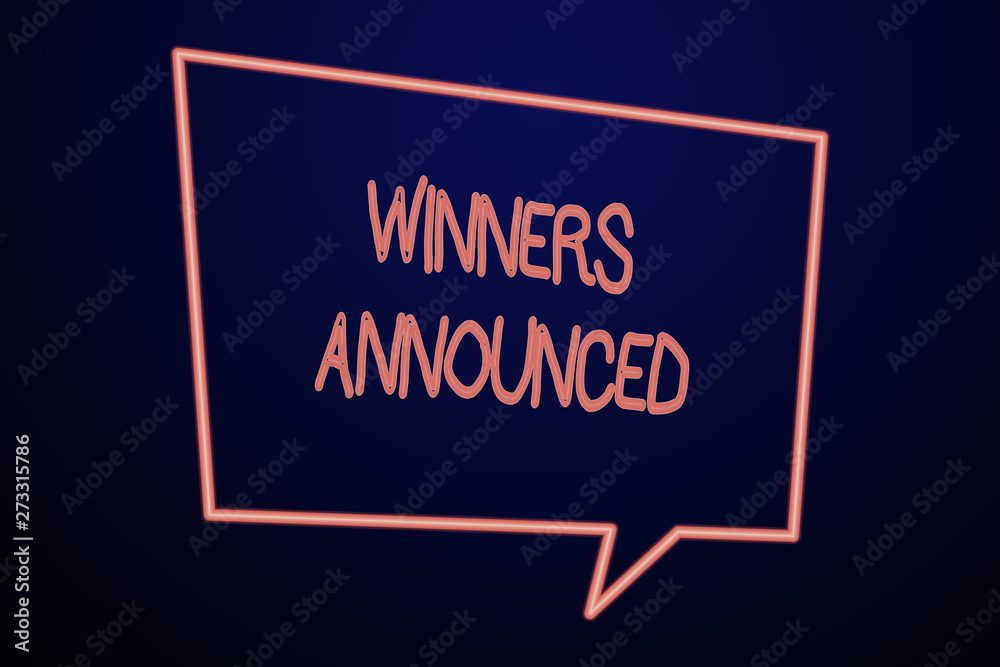 Word writing text Winners Announced. Business photo showcasing Announcing who won the contest or any competition Empty Quadrangular Neon Copy Space Speech Bubble with Tail Pointing Down