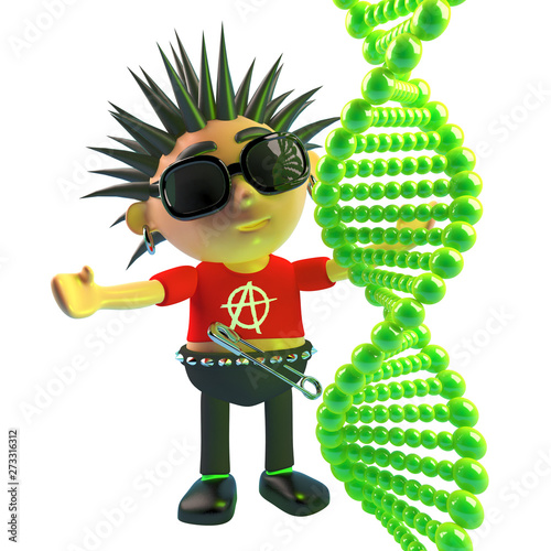 Cartoon vicious punk rock character looking at a DNA strand, 3d illustration photo