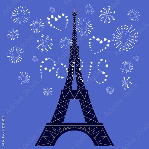 Fototapeta Naklejka Na Ścianę i Meble -   Eiffel Tower on the background of festive fireworks. Vector graphic illustration.