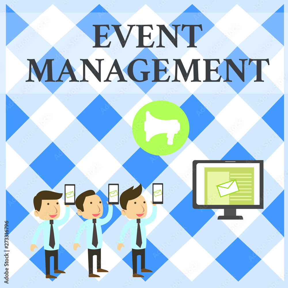 Text sign showing Event Management. Business photo showcasing creation and development of large scale actions festivals SMS Email Marketing Media Audience Attraction Personal Computer Loudspeaker