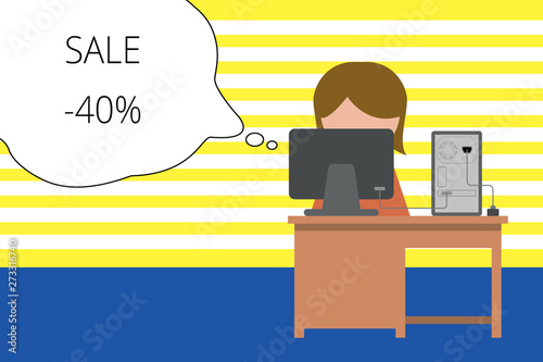 Writing note showing Sale 40 Percent. Business concept for A promo price of an item at 40 percent markdown Young female working in office computer office monitor photo photo