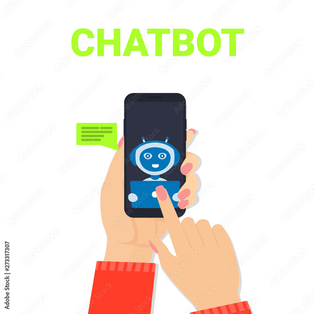 Talking to a chatbot online on mobile. Communication with a chat bot. Woman hands hold the phone. Artificial intelligence concept. Flat vector illustration.