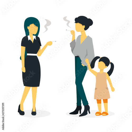 Two beautiful young girls smoking in front of a child. Young mother with a baby smokes. Flat vector illustration. 