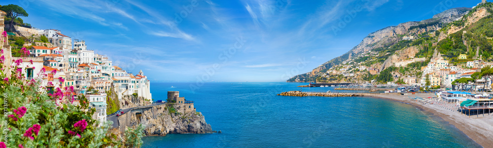Panoramic collage of Amalfi in province of Salerno, region of Campania, Italy