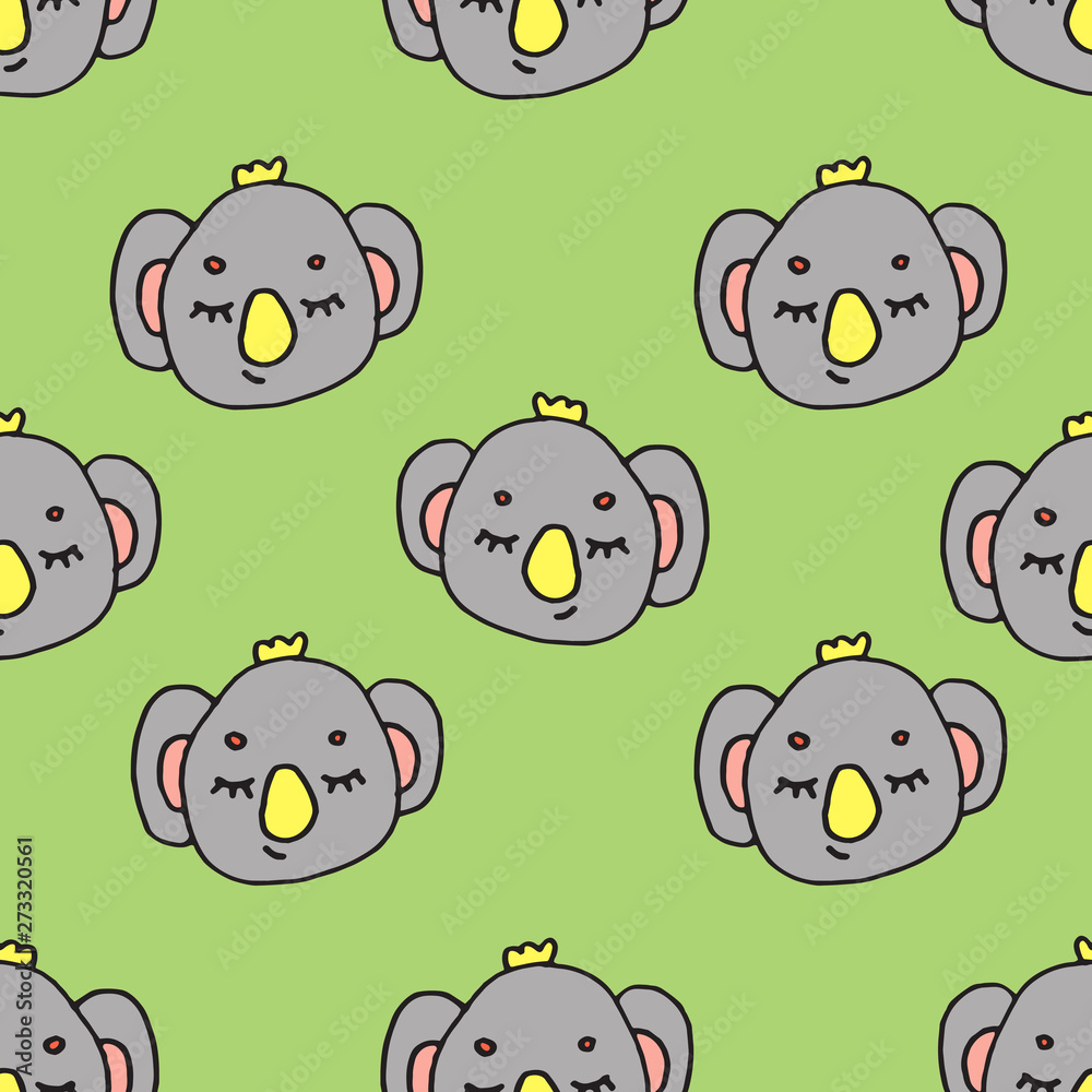Abstract seamless pattern with animals. Soft colors. Colorful children's illustration. Print for textiles, packaging, children's clothing.Green background.Cute koala.