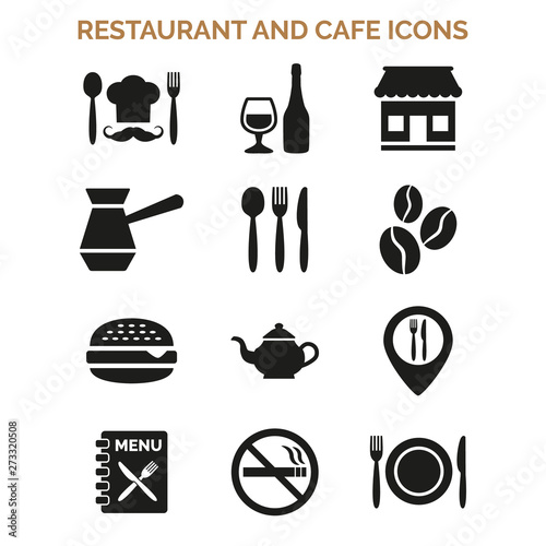 Restaurant and cafe icons set on white background.