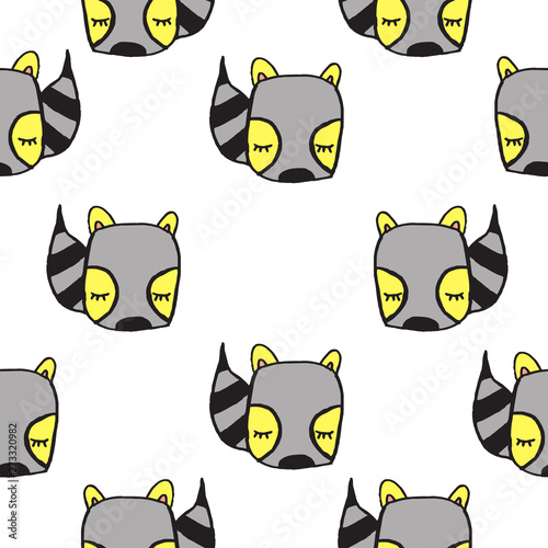 Abstract seamless pattern with animals. Soft colors. Colorful children's illustration. Print for textiles, packaging, children's clothing.White background.Cute raccoon.