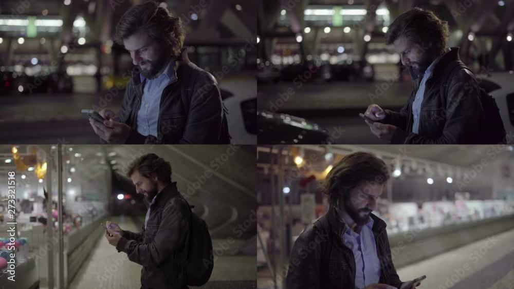 Collage of side views of handsome young Caucasian man with beard in leather jacket standing outside, typing on phone, windowgazing at mall. Lifestyle, communication concept Collage of side views of handsome young Caucasian man with beard in leather jacket standing outside, typing on phone, windowgazing at mall. Lifestyle, communication concept