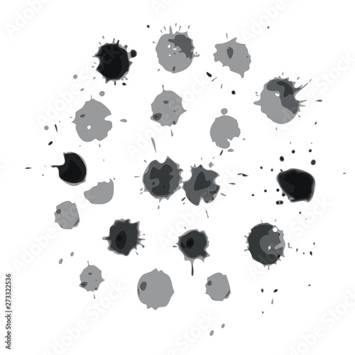 Vector set for design of splashes and smudges made with black ink on a white background