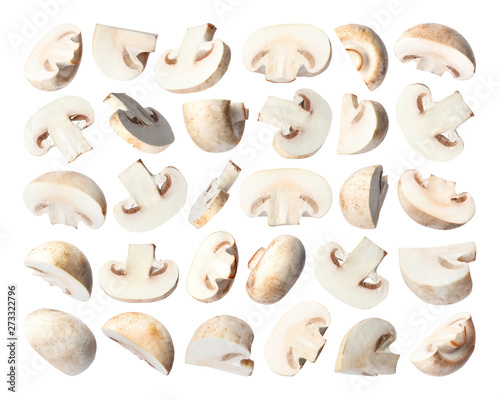 Set of flying cut fresh mushrooms on white background