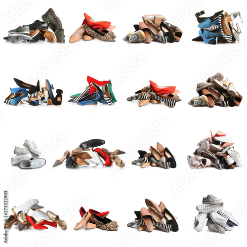 Set with piles of different shoes on white background