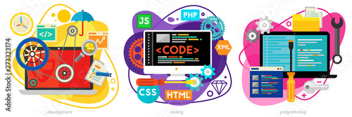 Programming and coding, scripting and website development, analytics trendy amoeba style concepts