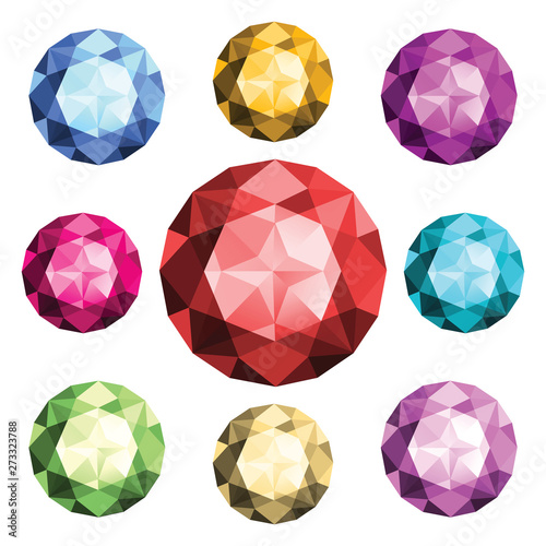 Set of round colored diamonds. Top view. Vector illustration.