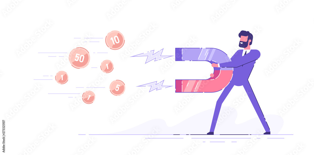 Business man holding a big magnet and attracting money. Investment attraction concept. Modern vector illustration. Business man holding a big magnet and attracting money. Investment attraction concept. Modern vector illustration.