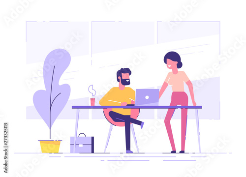 Young man is sitting at a desk with laptop and his colleague is pointing to a screen and giving advice. Office business concept. Modern vector illustration.