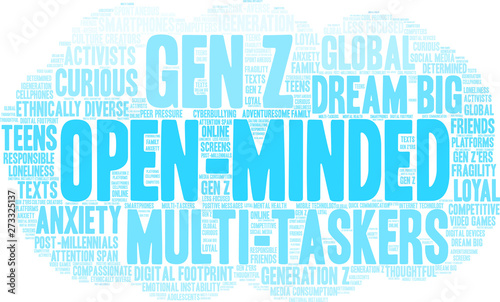 Open-Minded Gen Z Word Cloud on a white background. 