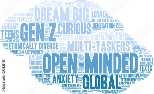 Open-Minded Gen Z Word Cloud on a white background. 