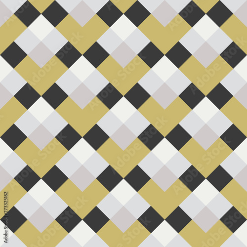 Seamless block check. Seamless mosaic pattern. Simple background with geometric pattern in gold black and grey. Vector fabric print. Wallpaper, wrapping paper, web design template.