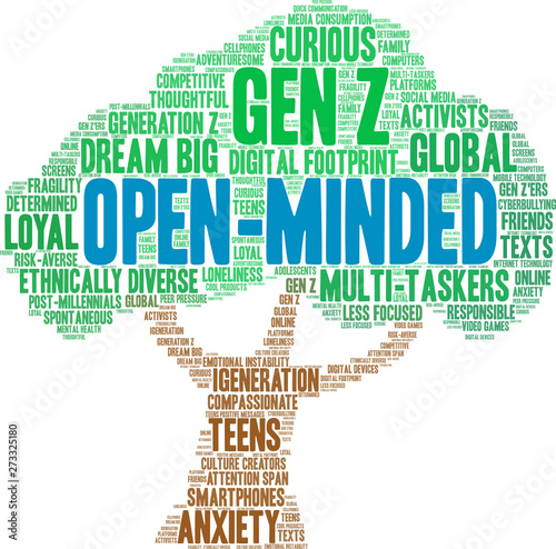 Open-Minded Gen Z Word Cloud on a white background. 