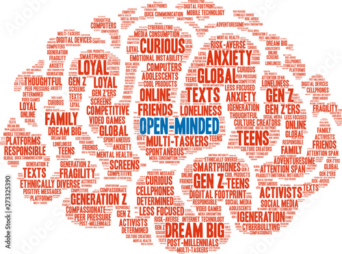 Open-Minded Generation-Z Word Cloud on a white background. 