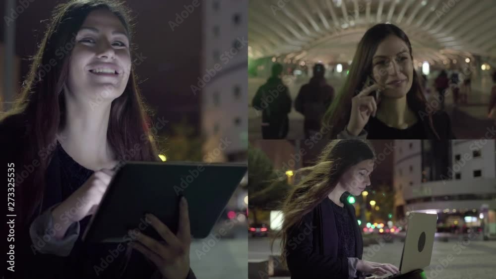 Collage of beautiful young woman walking outside, talking on phone, sitting and working on tablet and laptop. Work, communication concept Collage of beautiful young woman walking outside, talking on phone, sitting and working on tablet and laptop. Work, communication concept