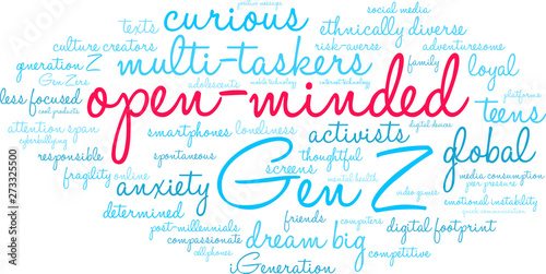 Open-Minded Gen Z Word Cloud on a white background. 