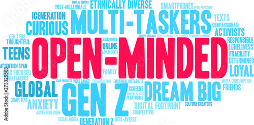 Open-Minded Generation Z Word Cloud on a white background. 