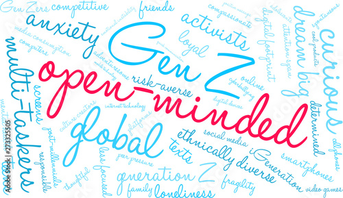 Open-Minded Generation Z Word Cloud on a white background. 