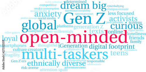 Open-Minded Gen Z word cloud on a white background. 