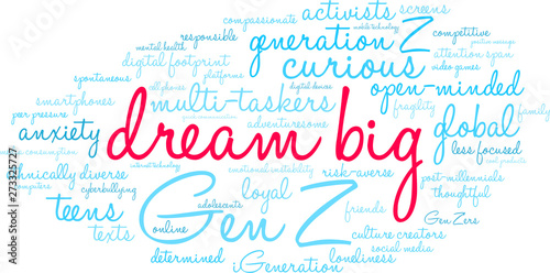 Dream Big Generation Z Word Cloud on a white background.  