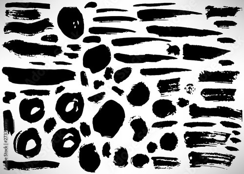 Set of black hand drawn grunge elements  geometrical shapes  rings  circles  banners  brush strokes isolated on white. Vector illustration.
