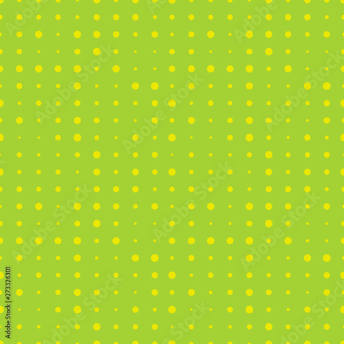 Halftone seamless pattern with yellow circles on green. Dotted texture. Polka dot background. Abstract round seamless pattern. Vector illustration.