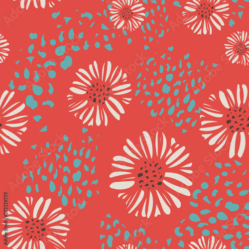 Abstract daisies seamless vector pattern. All over floral print.hot red orange background, turquoise and white. For fashion, home decor, textiles, invitations, wallpaper, swimwear and stationery.