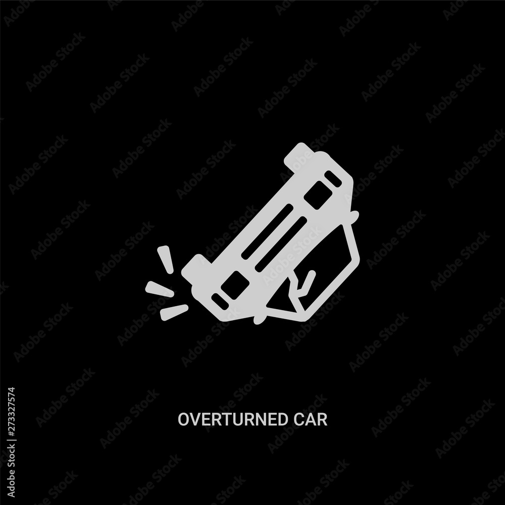 white overturned car vector icon on black background. modern flat overturned car from insurance concept vector sign symbol can be use for web, mobile and logo. white overturned car vector icon on black background. modern flat overturned car from insurance concept vector sign symbol can be use for web, mobile and logo.