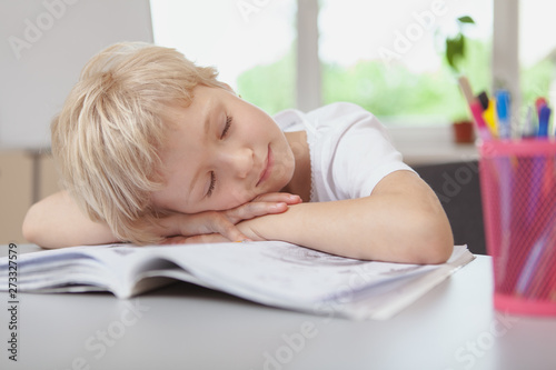 Close up of a charming blond haired angelic little girl sleeping on her textbooks on the desk at school. Little cute tired schoolgirl fallen asleep while doing homework