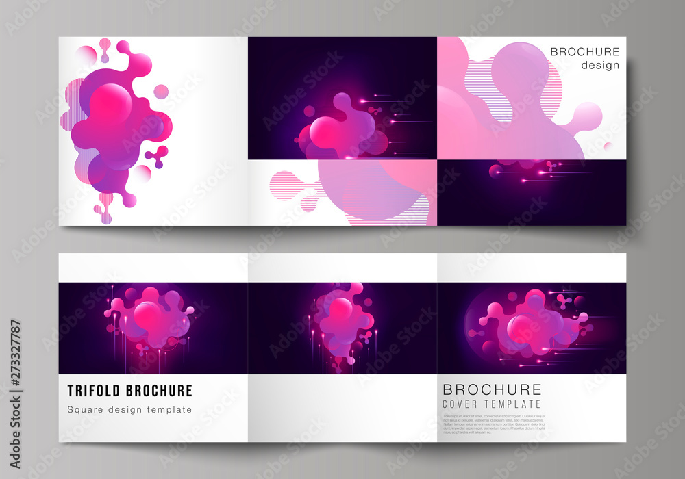 The black colored minimal vector layout. Modern creative covers design templates for trifold square brochure or flyer. Black background with fluid gradient, liquid pink colored geometric element.