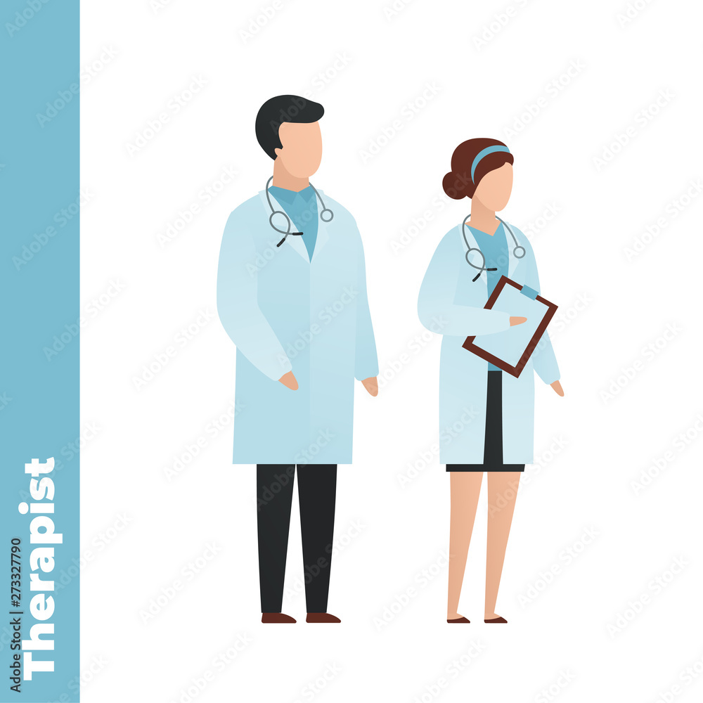 Trendy flat medical character vector cartoon illustration. Set of male and female doctors team isolated on white background. Coat uniform, stethoscope and tablet folder. Therapy (common) department.